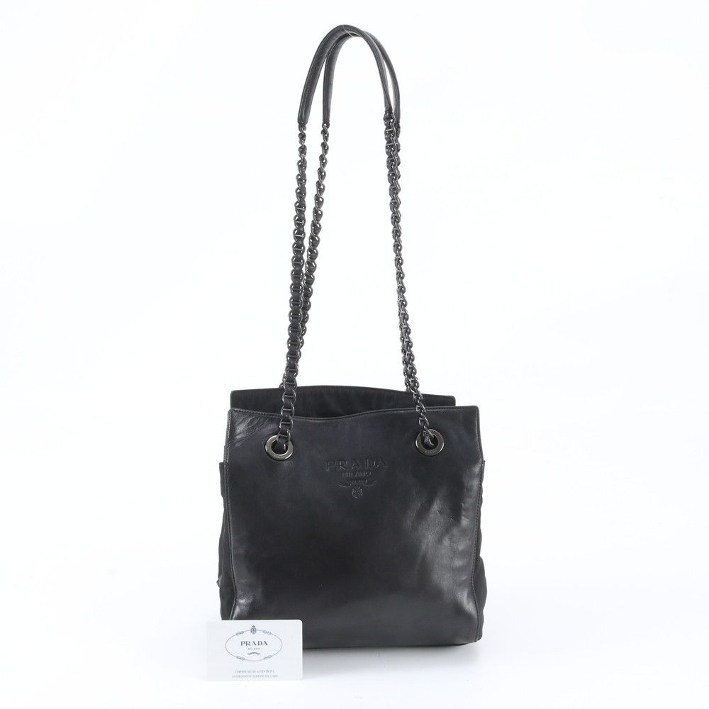 Prada Chain Leather Shoulder Bag Tote Black