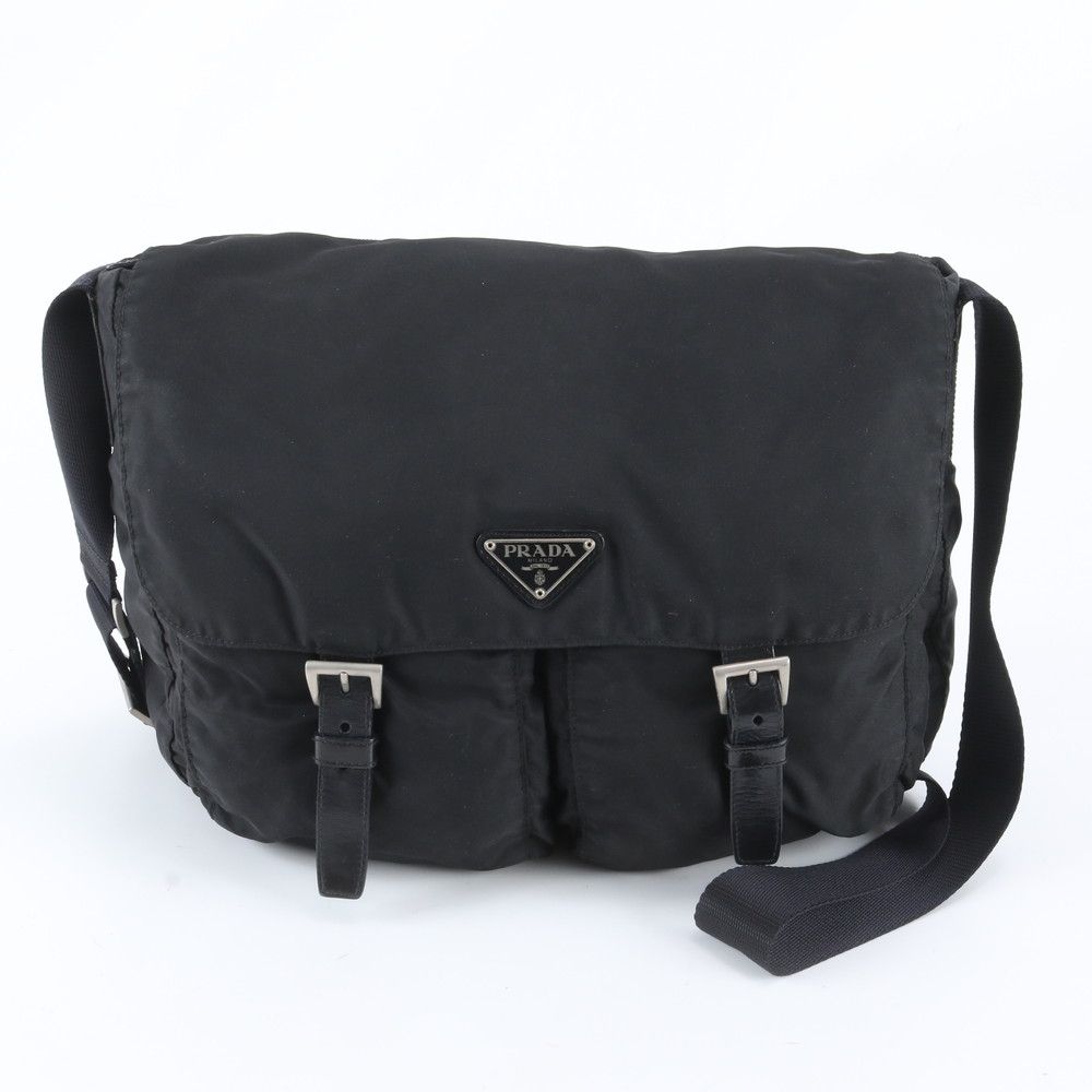 Prada Tessuto Nylon Triangle Logo Leather Shoulder Bag Crossbody Black