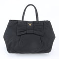 Prada Tessuto Nylon Ribbon Motif Leather Tote Shoulder Black