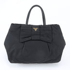 Prada Tessuto Nylon Ribbon Motif Leather Tote Shoulder Black