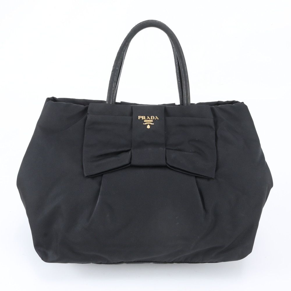 Prada Tessuto Nylon Ribbon Motif Leather Tote Shoulder Black