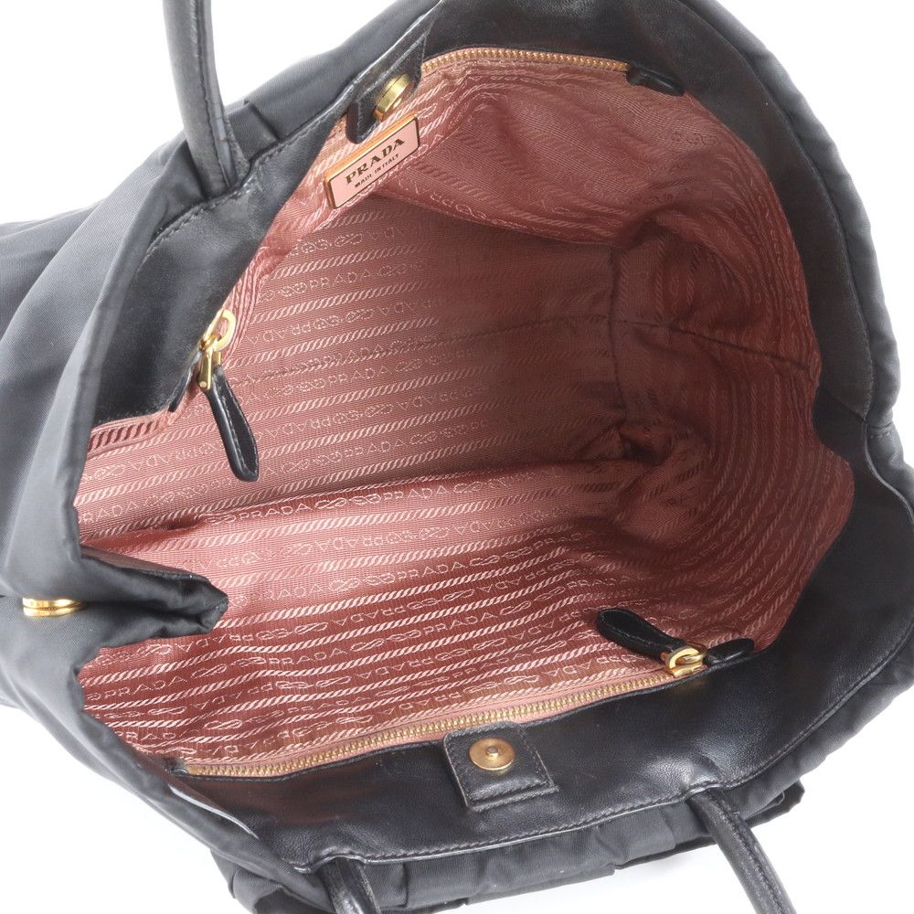 Prada Tessuto Nylon Ribbon Motif Leather Tote Shoulder Black — view 7