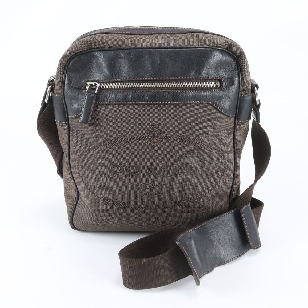 Prada Logo Jacquard Leather Shoulder Bag Crossbody Messenger Business Brown