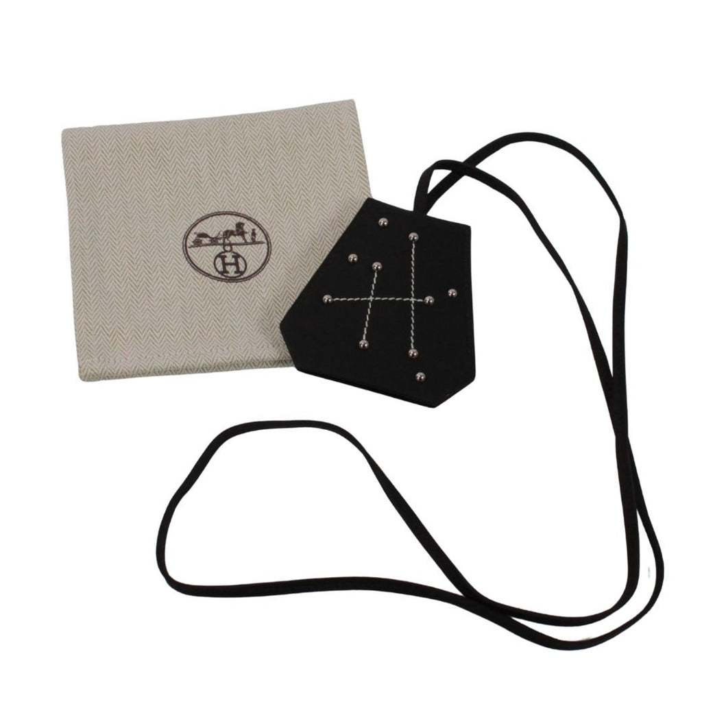 Hermes Key Ring Charm Long Leather Black Clochette Silver