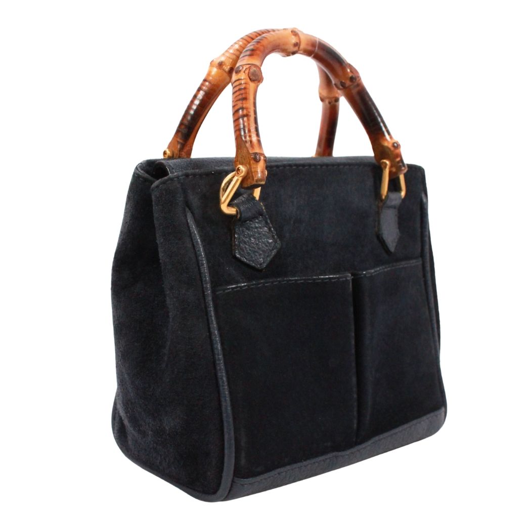 Gucci Bamboo Mini 2-Way Leather Suede Navy Shoulder Bag Gold — view 2