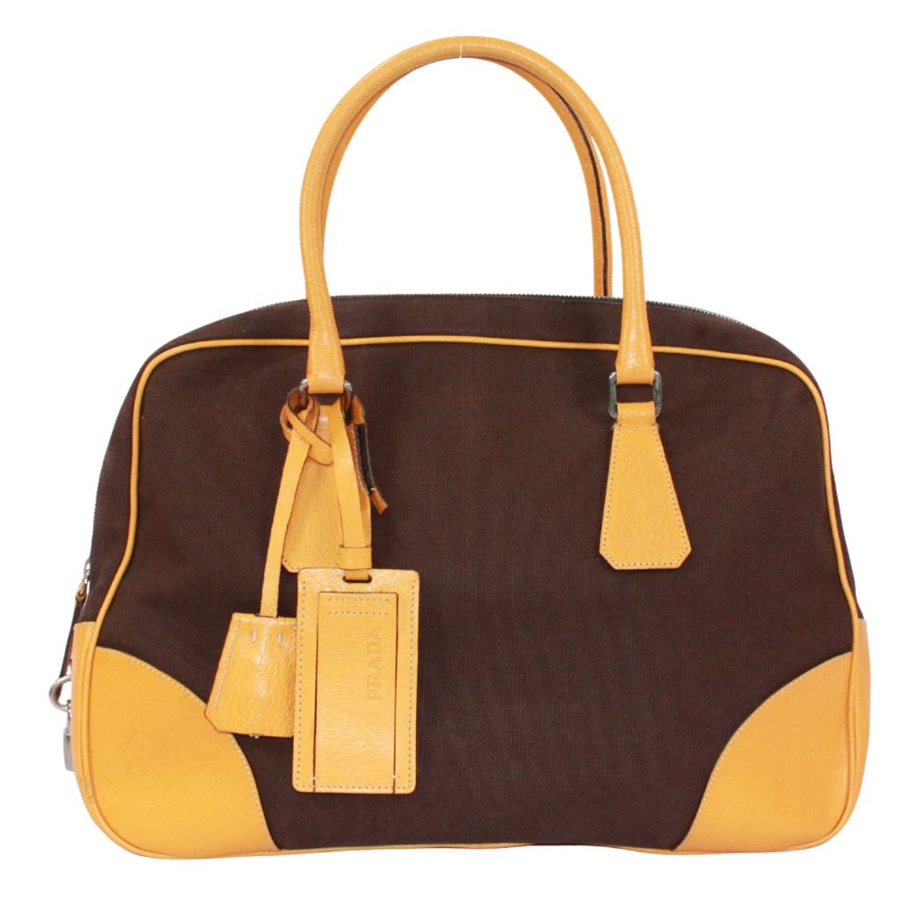 Prada Leather Canvas Yellow Brown Boston Bag Silver