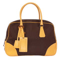 Prada Leather Canvas Yellow Brown Boston Bag Silver