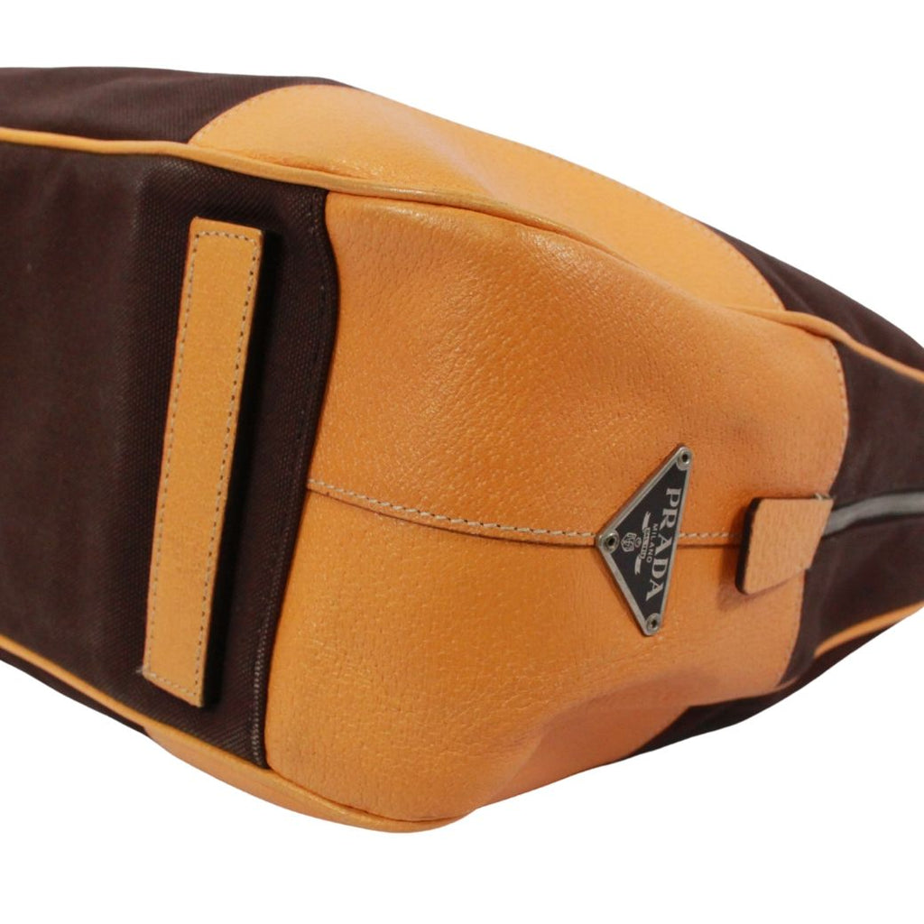 Prada Leather Canvas Yellow Brown Boston Bag Silver — view 5