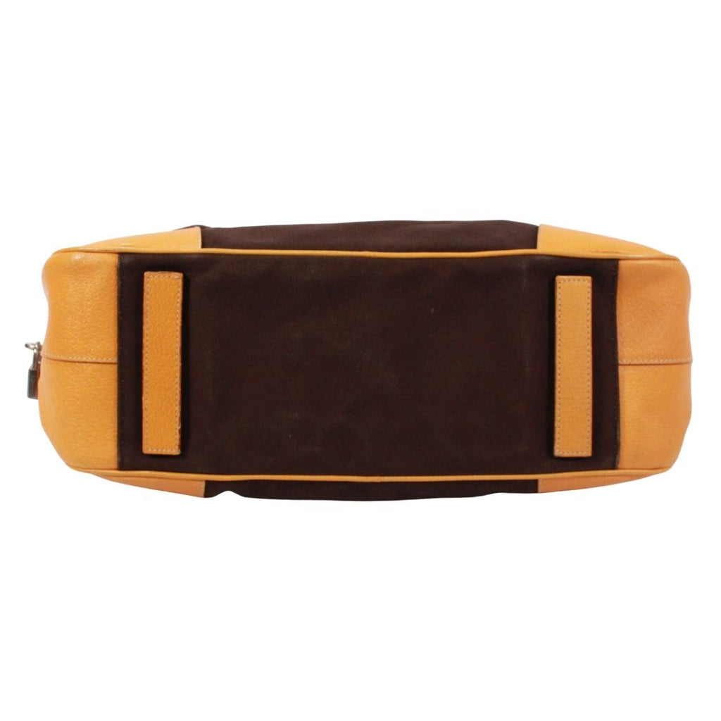 Prada Leather Canvas Yellow Brown Boston Bag Silver — view 4