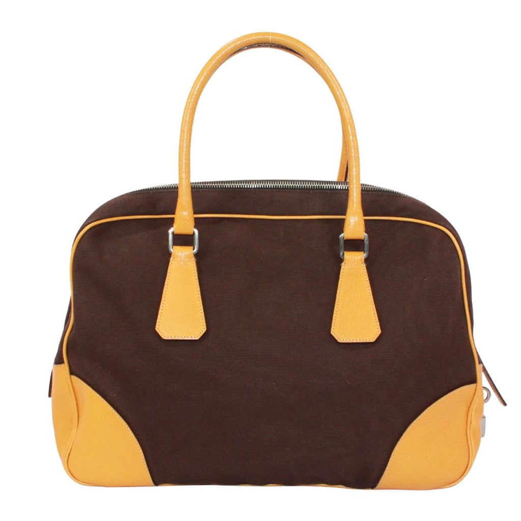 Prada Leather Canvas Yellow Brown Boston Bag Silver — view 3