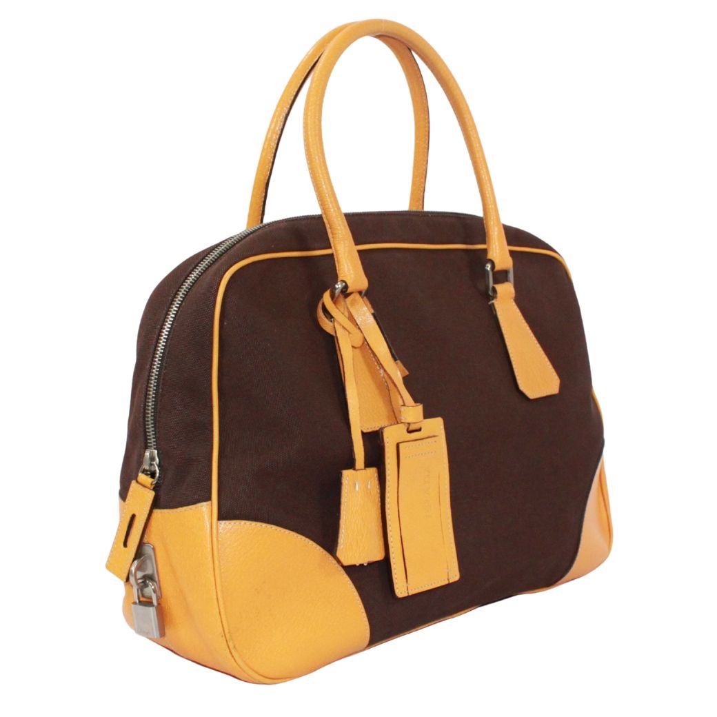Prada Leather Canvas Yellow Brown Boston Bag Silver — view 2