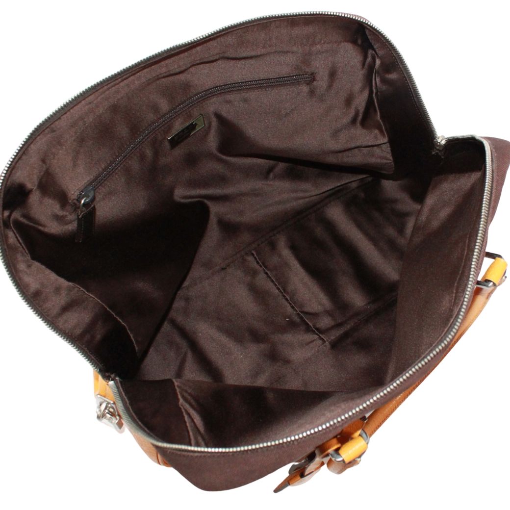 Prada Leather Canvas Yellow Brown Boston Bag Silver — view 7
