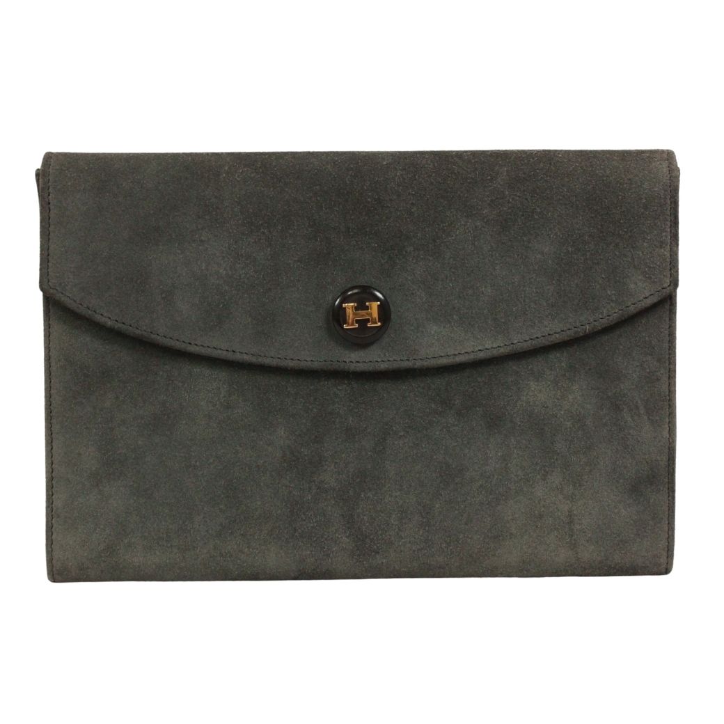 Hermes Pochette Rio Suede Gray Clutch Gold