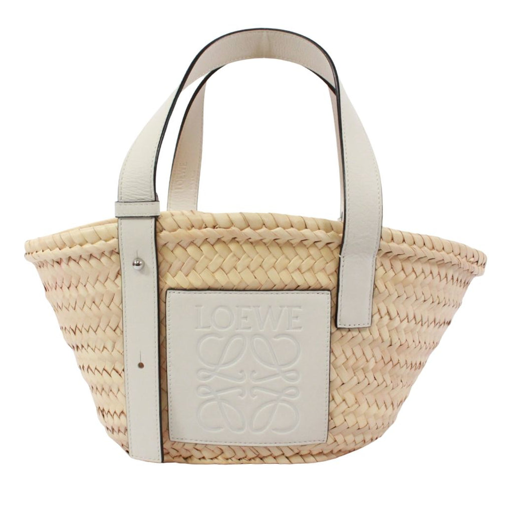 Loewe Basket Bag Small Leather Raffia Beige White Handbag Silver