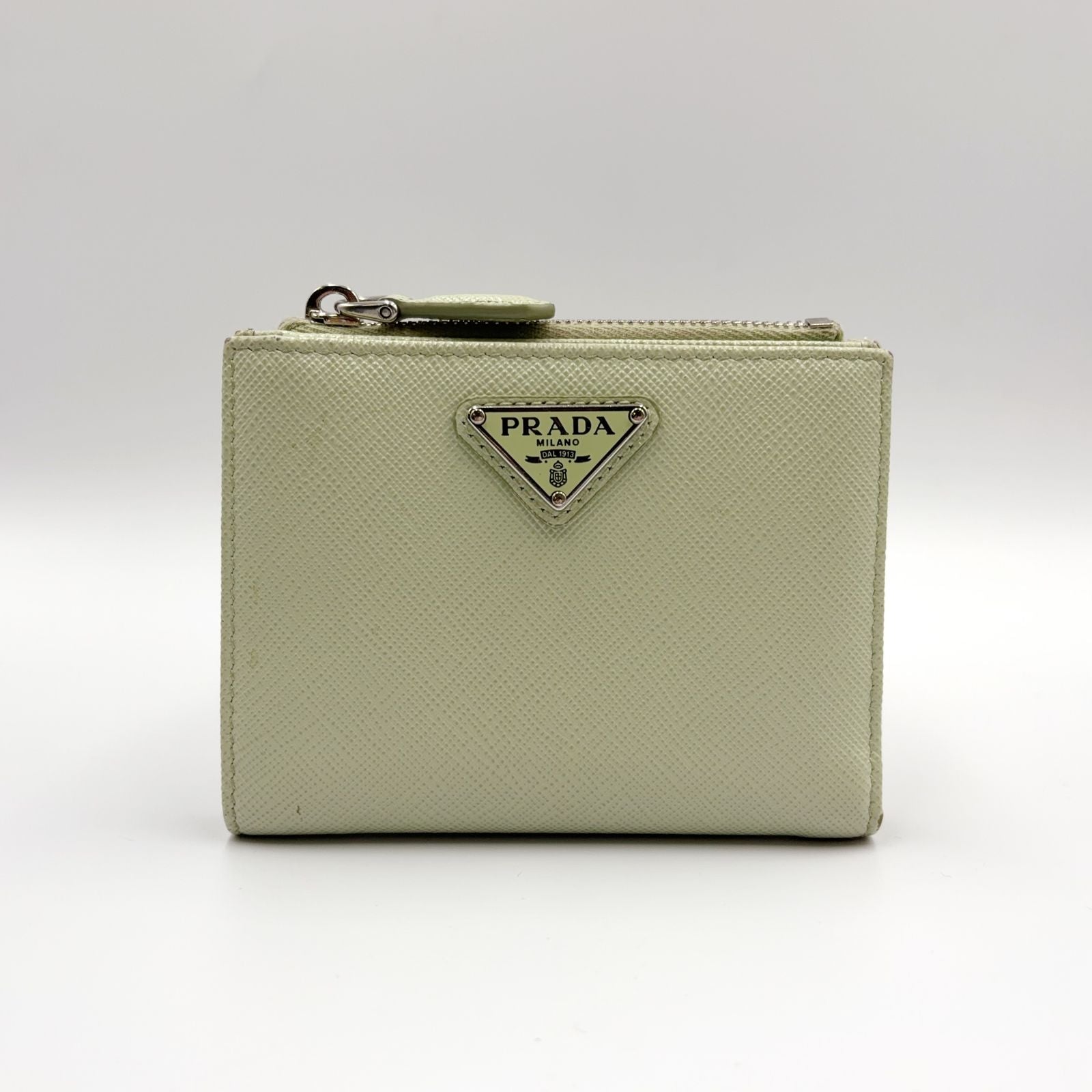 Prada Saffiano Wallet Leather Light Green Triang Silver