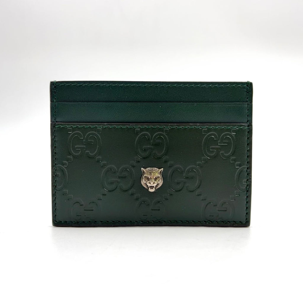 Gucci Tiger Metal Details Guccissima Leather Dark Green Card Case Gold