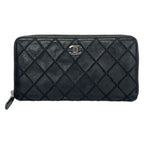Chanel Wallet Wild Stitch Black Zip Around Silver Leather