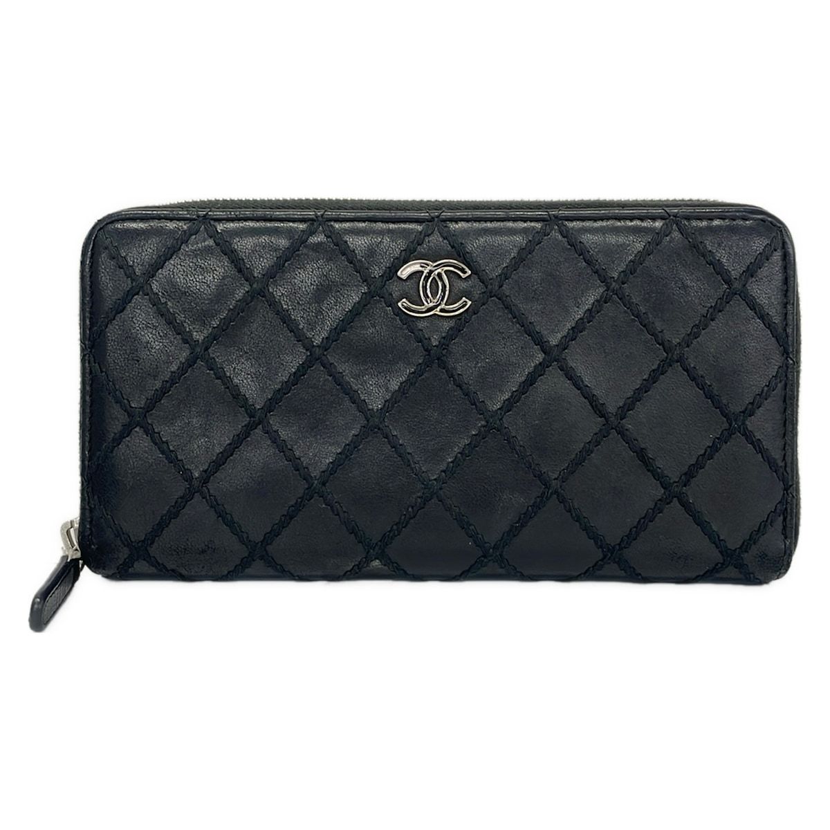 Chanel Wallet Wild Stitch Black Zip Around Silver Leather