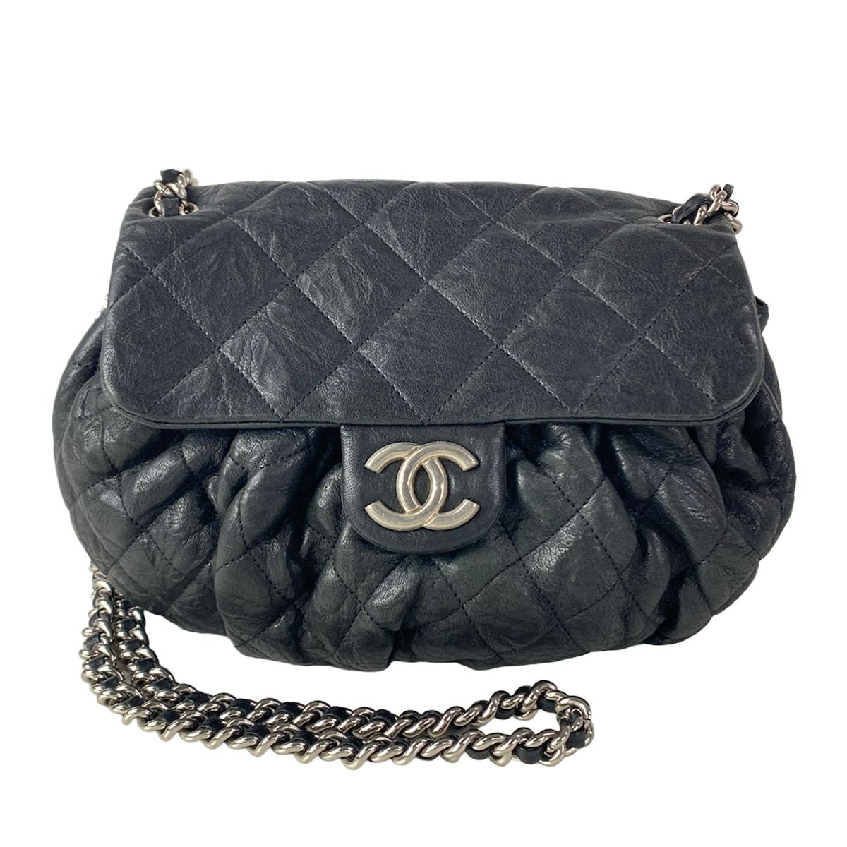 Chanel Shoulder Bag Chain Around Black Silver Leather