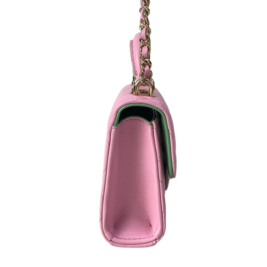 Chanel Shoulder Bag Quilted Chain Clutch Pink Light Green Lambskin — view 2