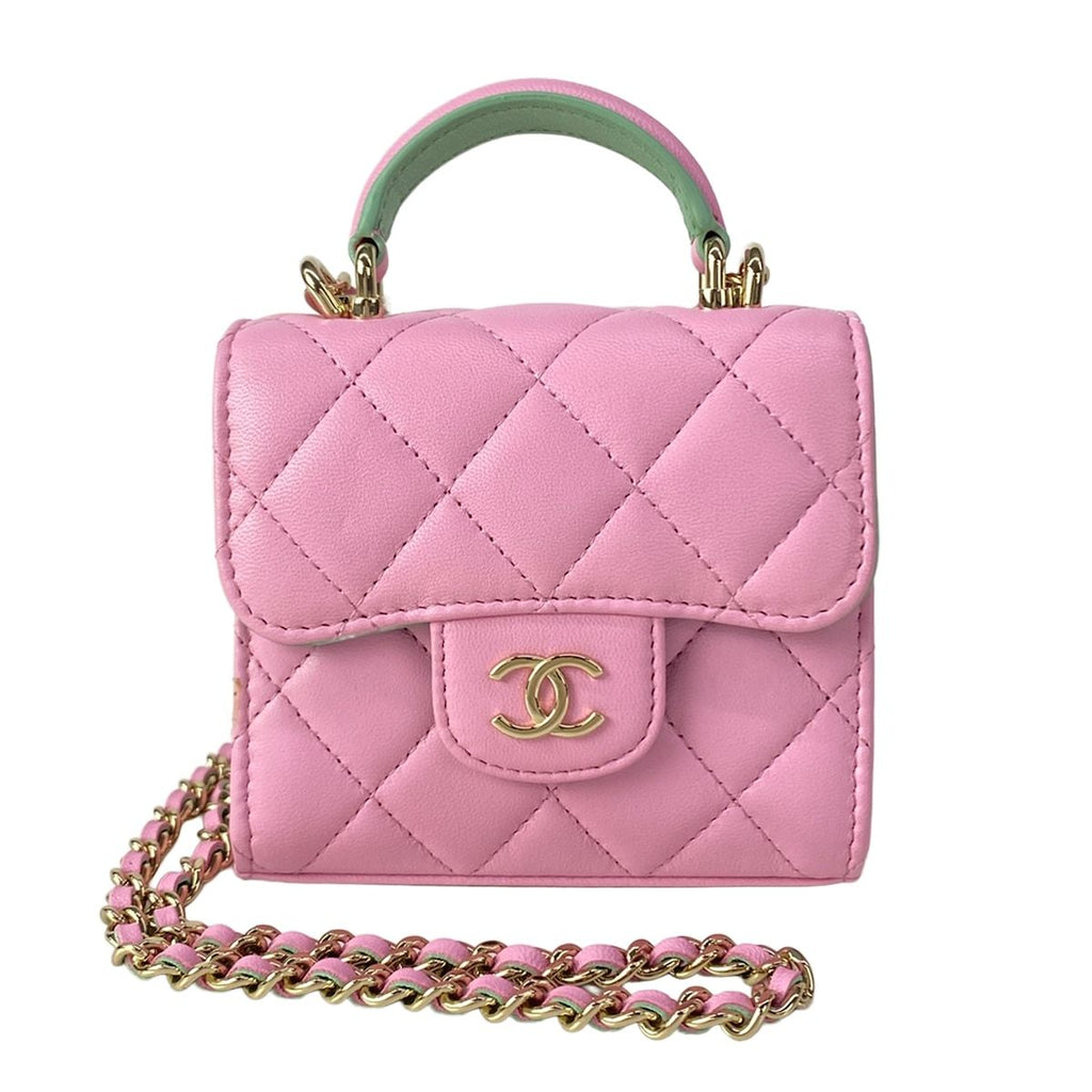 Chanel Shoulder Bag Quilted Chain Clutch Pink Light Green Lambskin