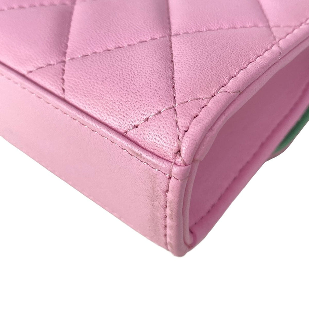Chanel Shoulder Bag Quilted Chain Clutch Pink Light Green Lambskin — view 9