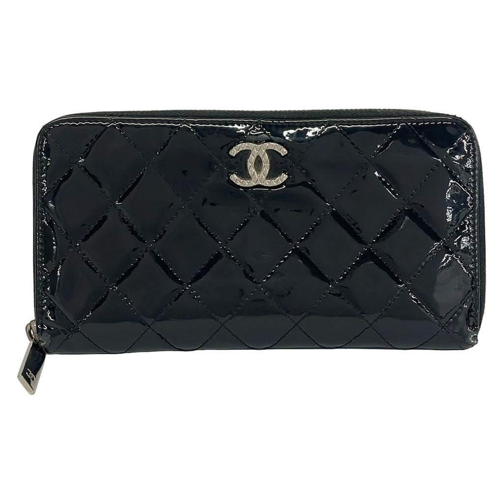 Chanel Wallet Quilted Black Silver Zip Around Leather