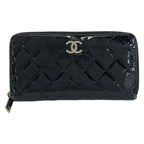 Chanel Wallet Quilted Black Silver Zip Around Leather