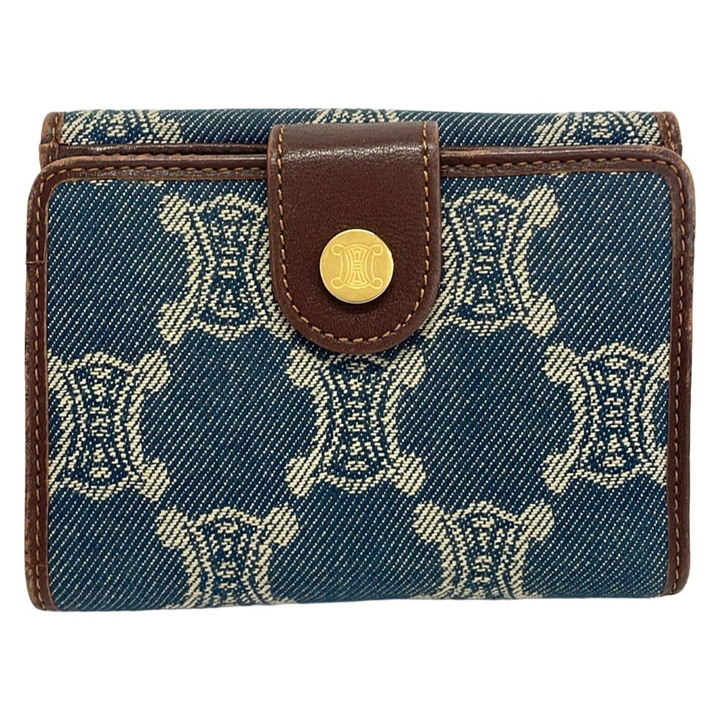 Celine Hook Wallet Paris Macadam Navy Dark Brown Leather