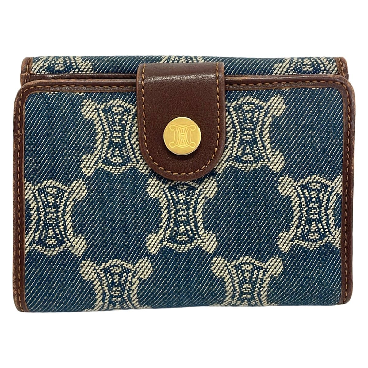 Celine Hook Wallet Paris Macadam Navy Dark Brown Leather