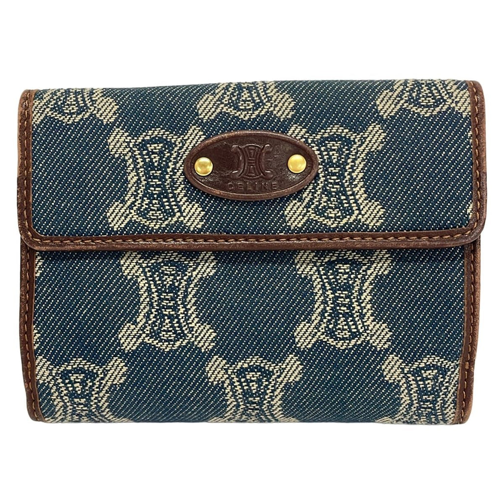 Celine Hook Wallet Paris Macadam Navy Dark Brown Leather