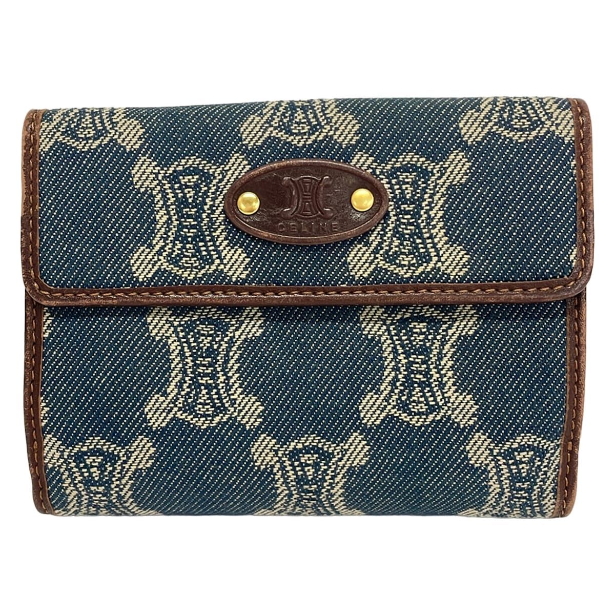 Celine Hook Wallet Paris Macadam Navy Dark Brown Leather