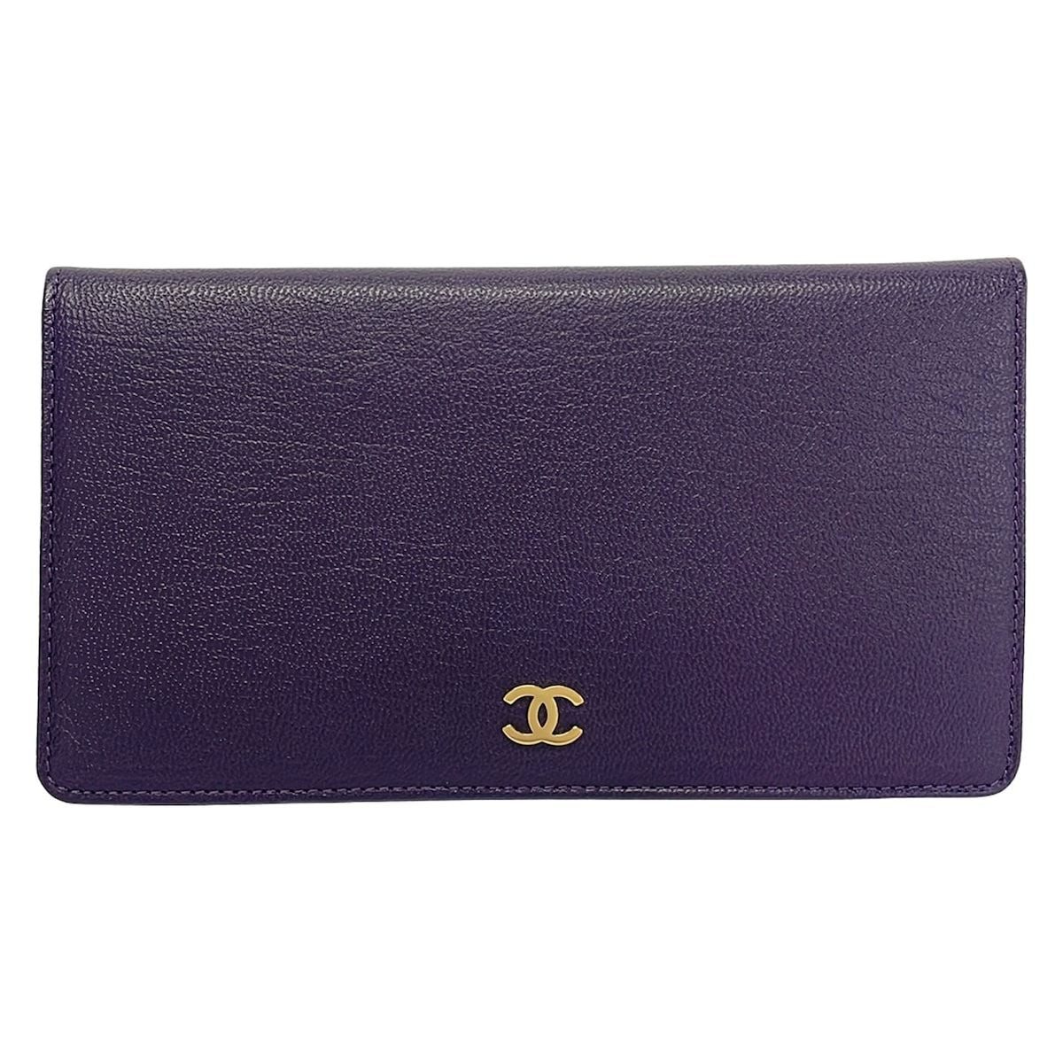Chanel Bifold Wallet Purple CC Logo Gold Leather