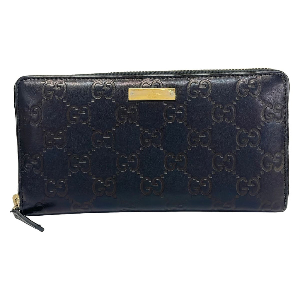 Gucci Wallet Metal Bar Guccissima Line Black Zip Around Leather
