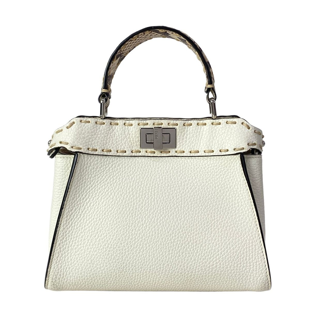 Fendi Handbag Peekaboo Iconic Small Selleria White Beige Dark Brown Leather