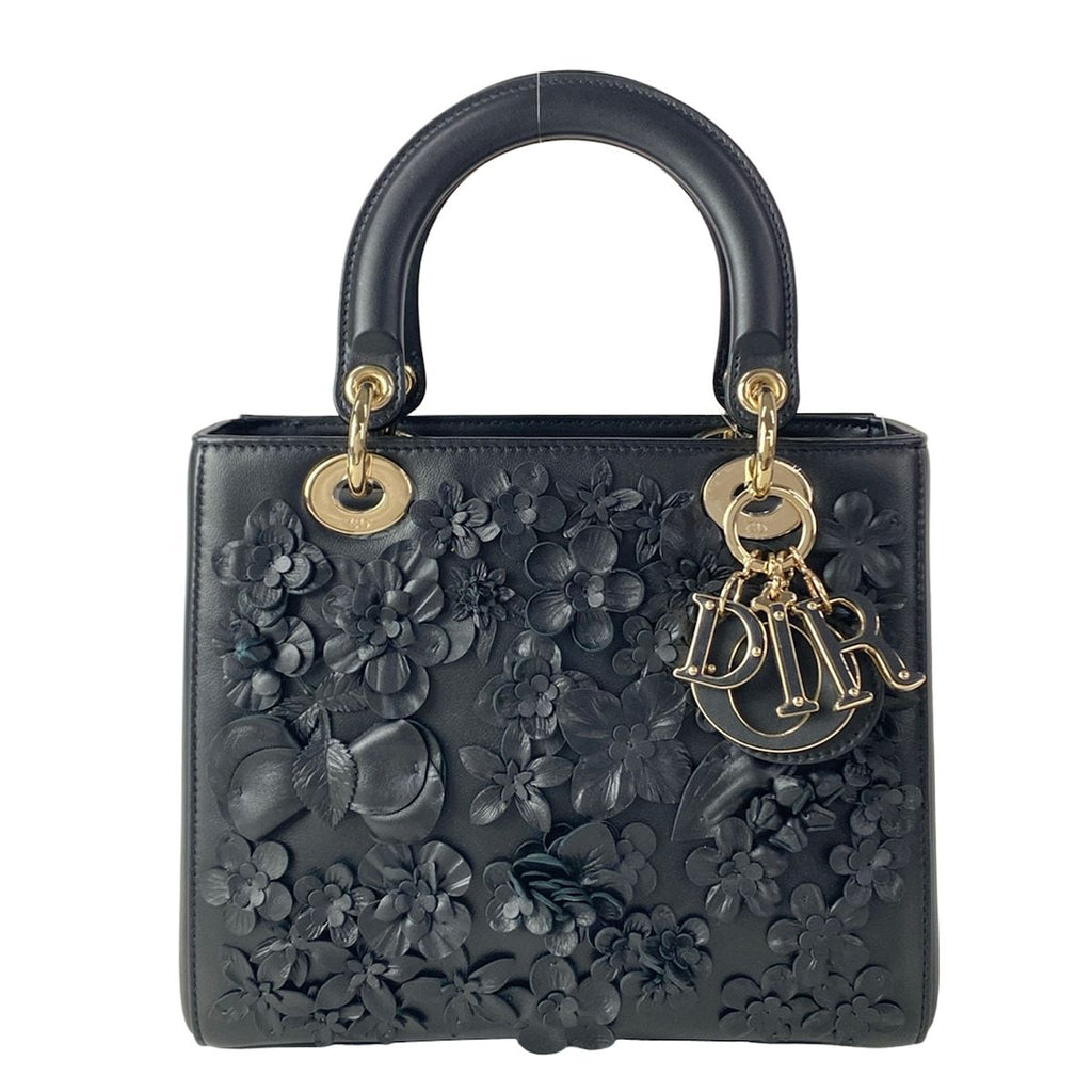 Dior Handbag Lady Bag Black Flower Leather