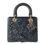 Dior Handbag Lady Bag Black Flower Leather