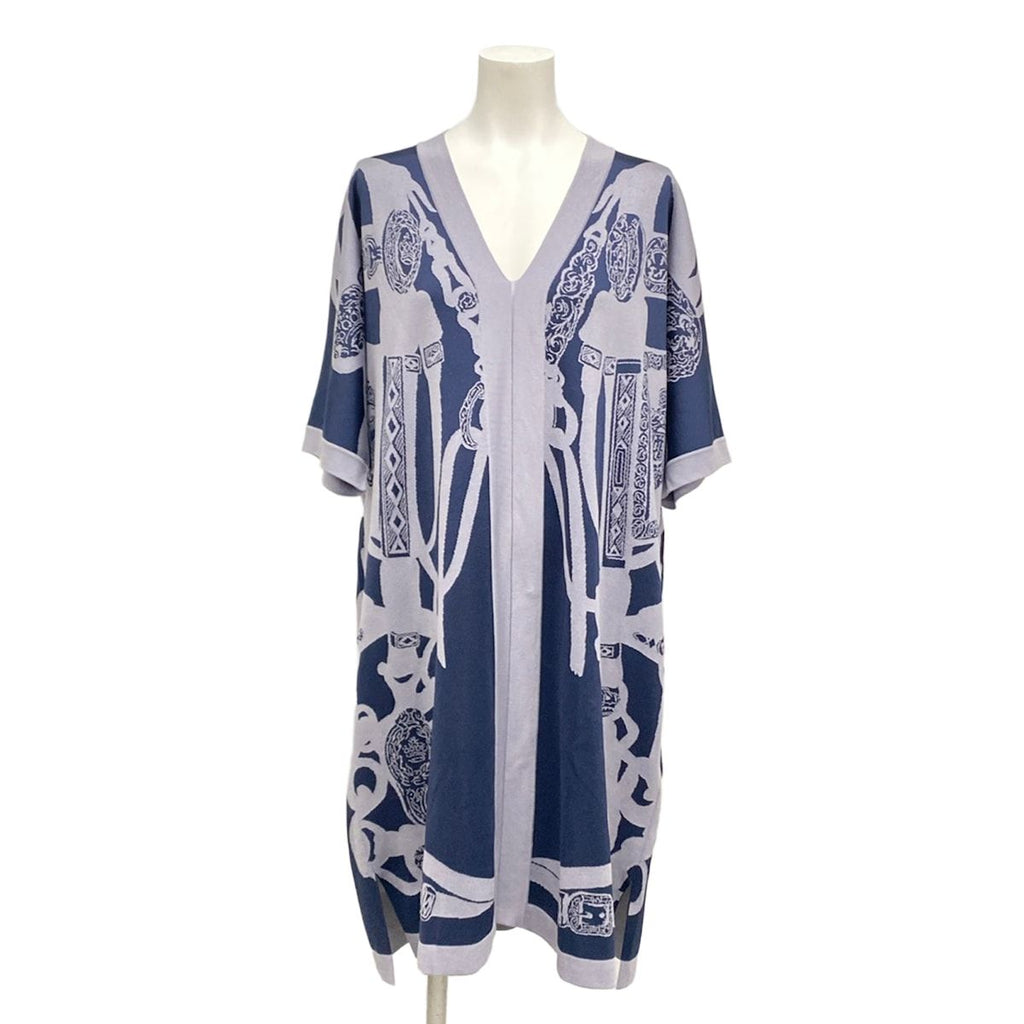 Hermes Dress 34 S Gray Navy Neck Short Sleeve Knee Length Silk