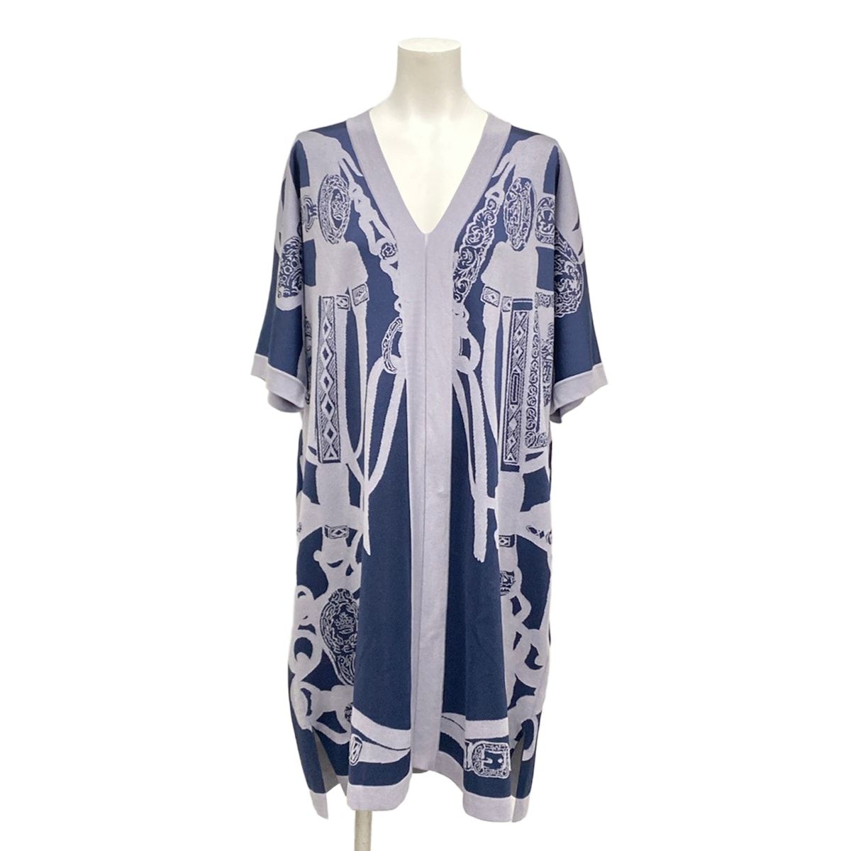 Hermes Dress 34 S Gray Navy Neck Short Sleeve Knee Length Silk
