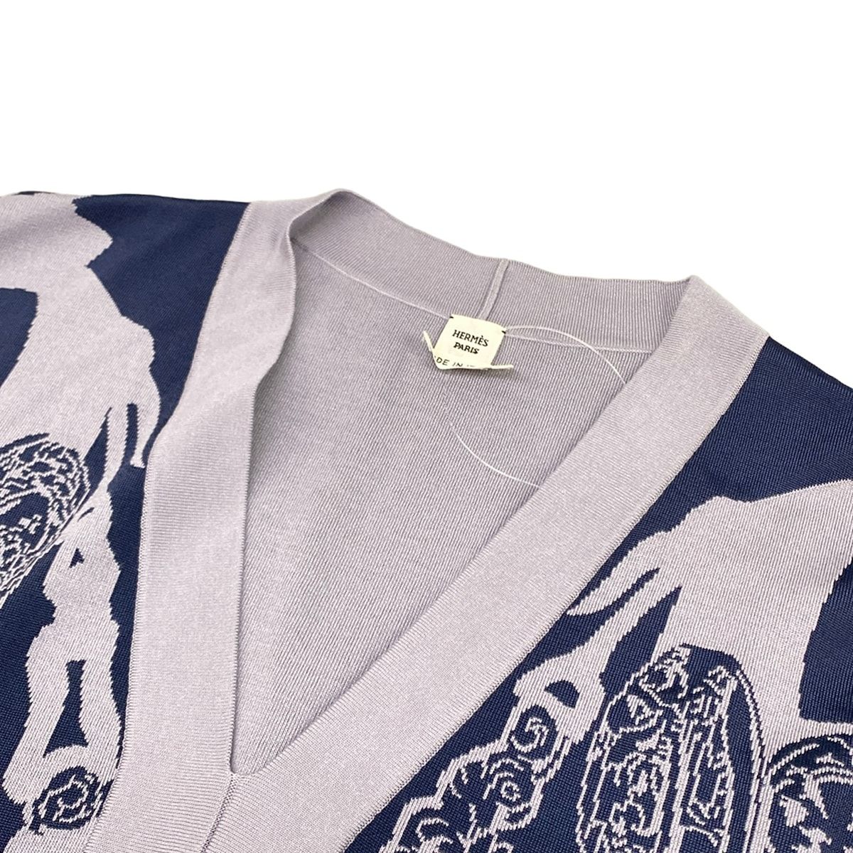 Hermes Dress 34 S Gray Navy Neck Short Sleeve Knee Length Silk — view 8