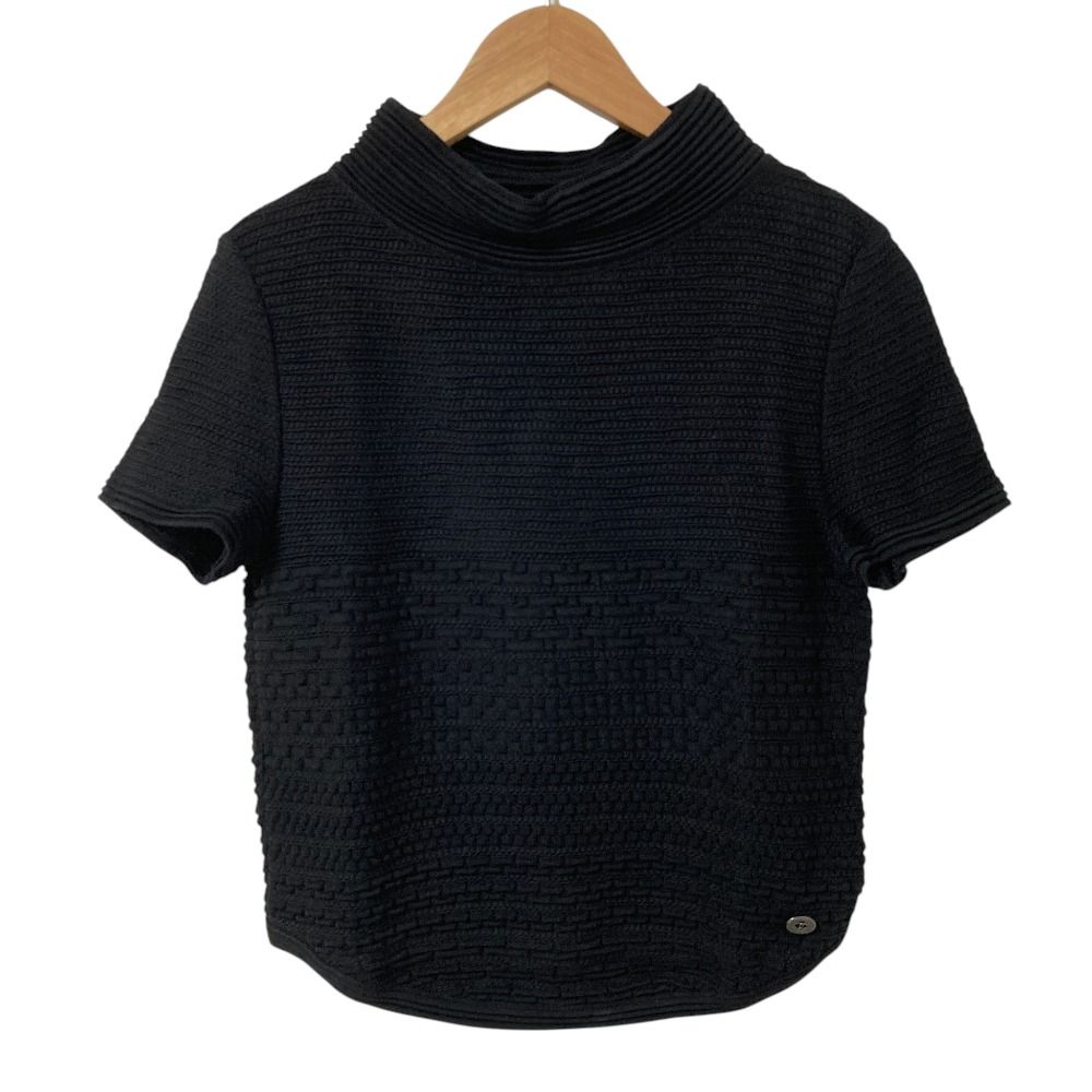 Chanel CC Logo Plate Bottleneck Short Sleeve Knit Top 36 Black Sweater