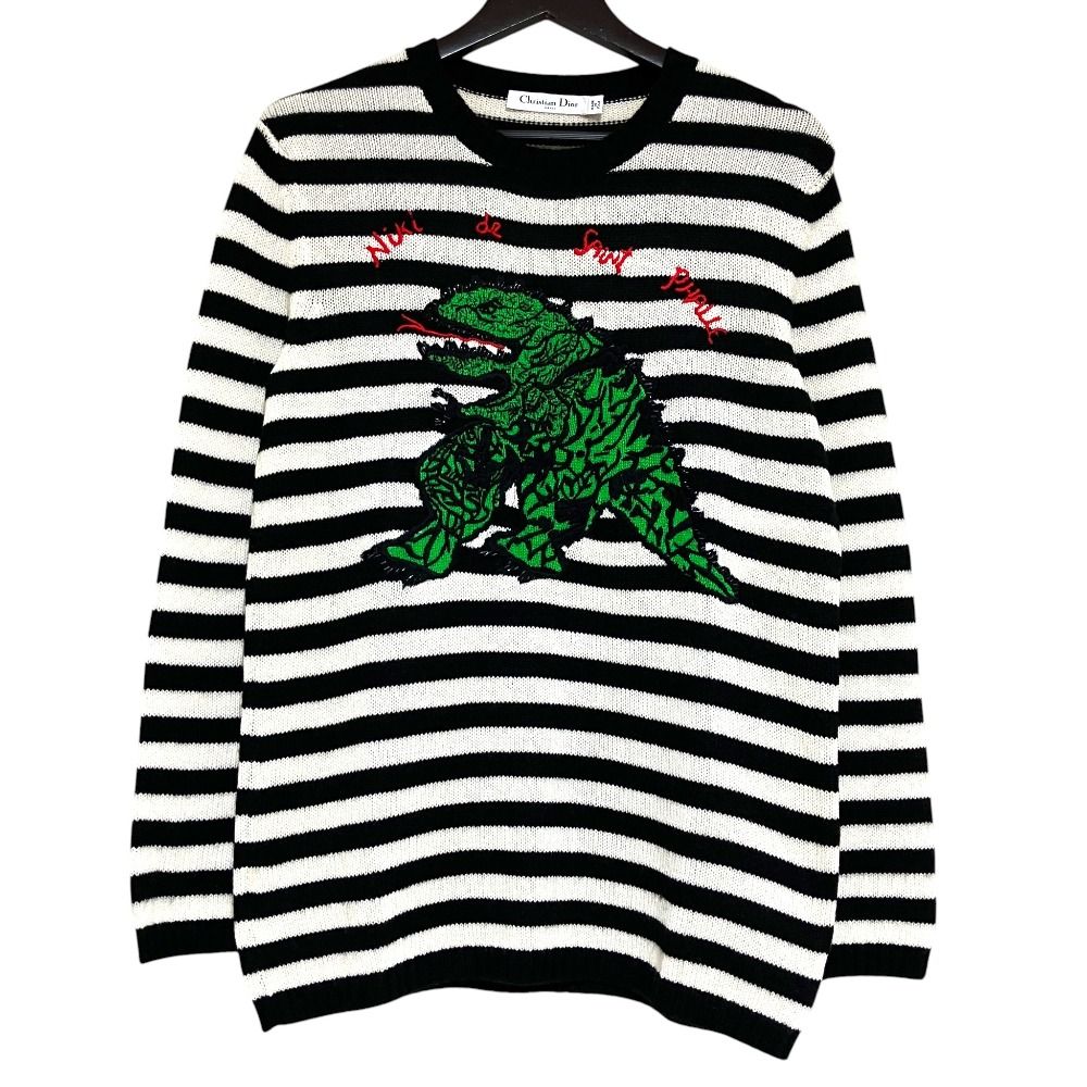 Dior Niki de Saint Phalle Dragon Embroidery Border Knit Sweater Black White
