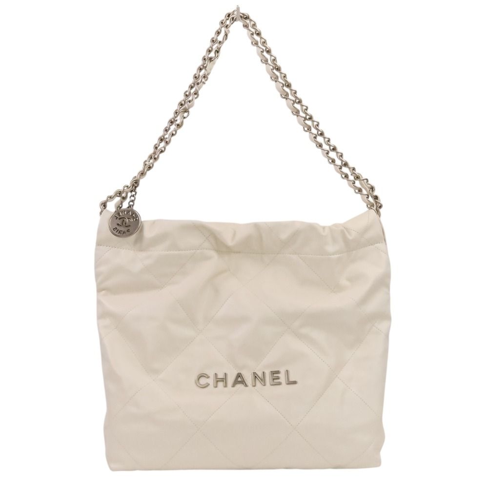 Chanel 22 Chain CC Logo Leather Shoulder Bag White Antique Silver