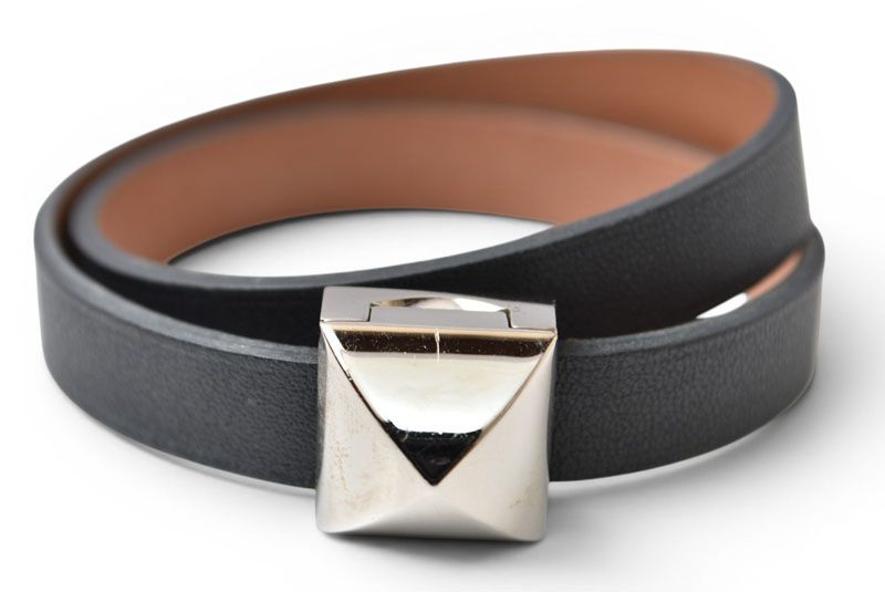 Hermes Bracelet Bangle Medallion Infini Double Tour T2 Black Silver Leather