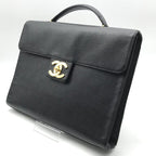 Chanel CC Logo Turnlock Caviar Leather Business Hand Bag Black — view 2