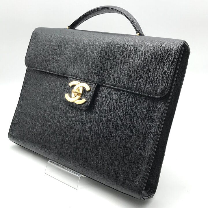 Chanel CC Logo Turnlock Caviar Leather Business Hand Bag Black — view 2