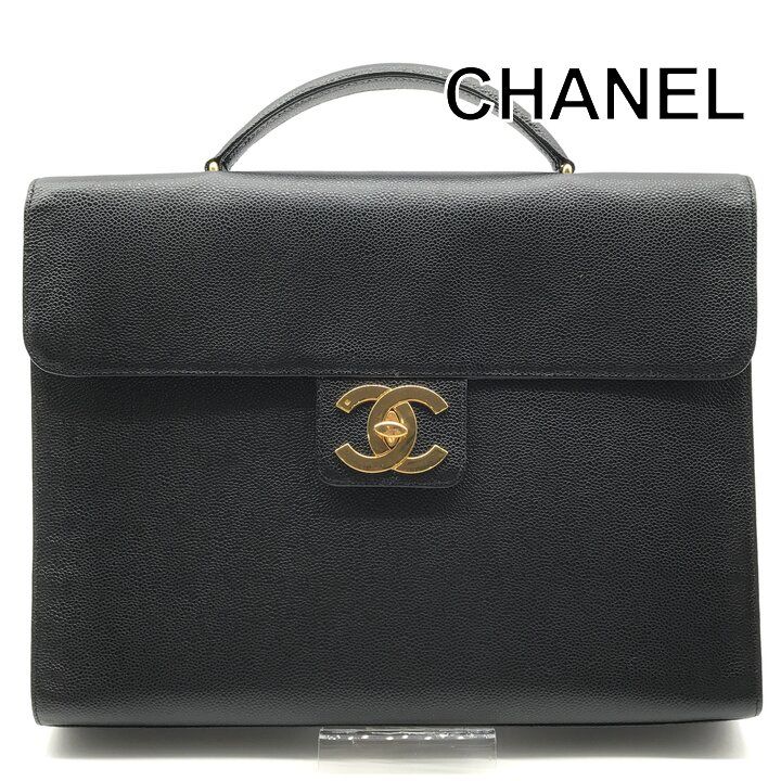 Chanel CC Logo Turnlock Caviar Leather Business Hand Bag Black
