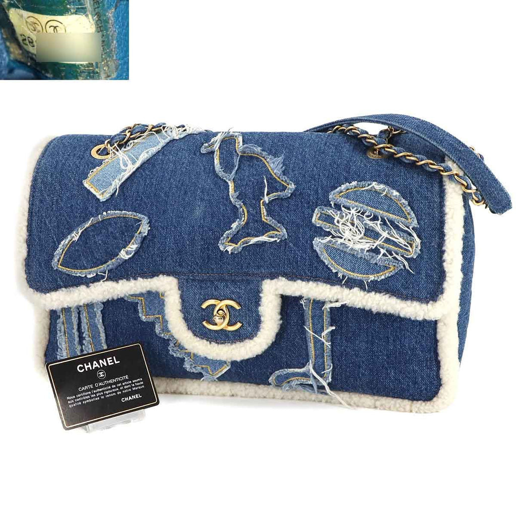 Chanel Egypt Chain Shoulder Bag Denim Shearling Blue Gold — view 2