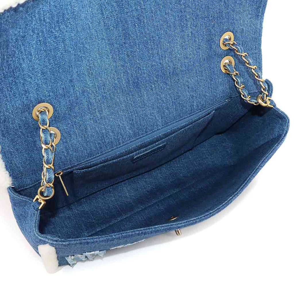 Chanel Egypt Chain Shoulder Bag Denim Shearling Blue Gold — view 7