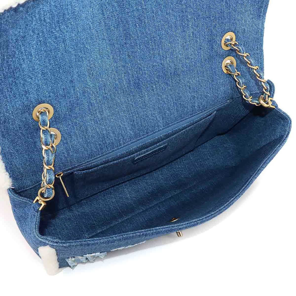 Chanel Egypt Chain Shoulder Bag Denim Shearling Blue Gold — view 7